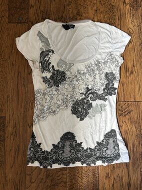 White House Black Market White Scoop Neck Tee with Black Lace Floral Print